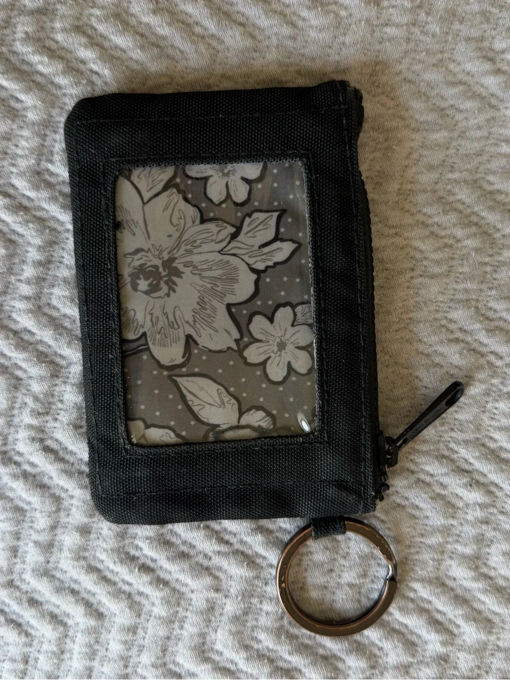 Vera Bradley Black Nylon ID Wallet Keychain Coin Purse Zip Card Holder Floral